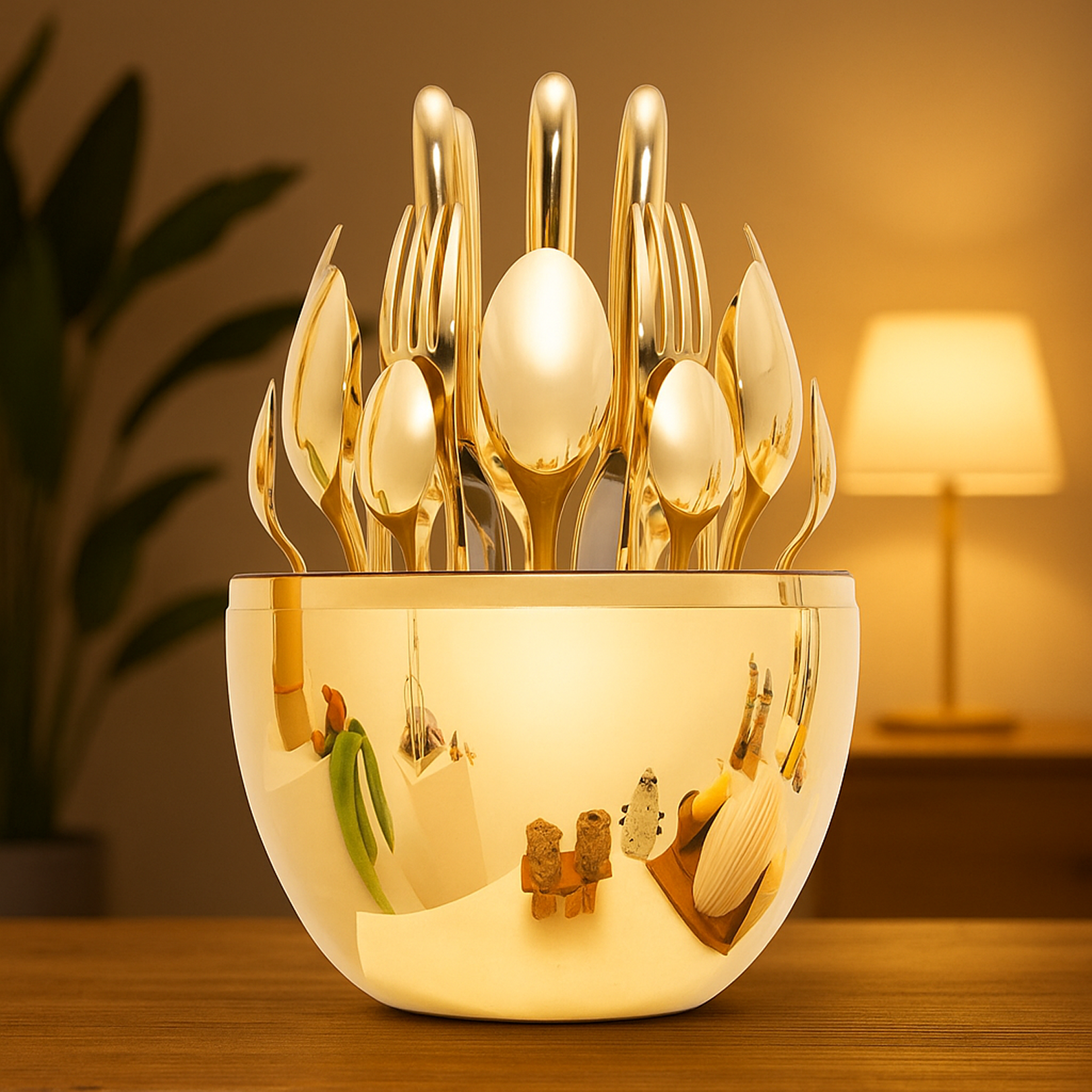 Premium Cutlery Set 24 Pcs with Oval Shaped Stand | Beautiful Stylish Oval Designed Cutlery Sets, Egg-Shaped Luxury Spoon Holder SetÂ  (Golden / 24 pcs set)