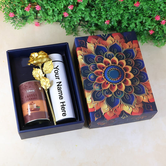 Personalized Temperature Water Bottle, Effete Coffee Almonds Gift Hamper, Golden Rose With Bottle (3 Pc Set), Mix Color
