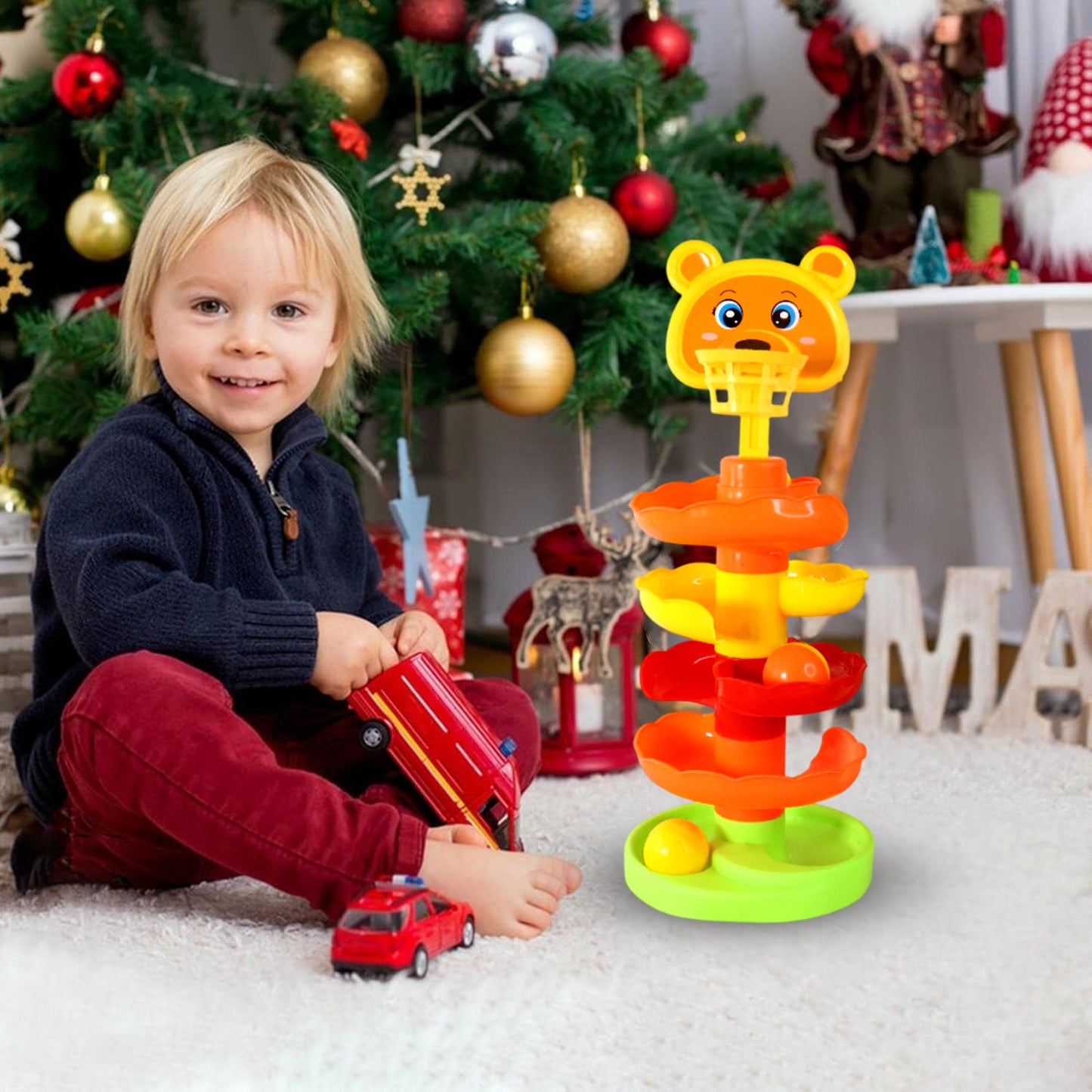 Colorful Bear Face Rolling Ball Drop Tower Toy Set