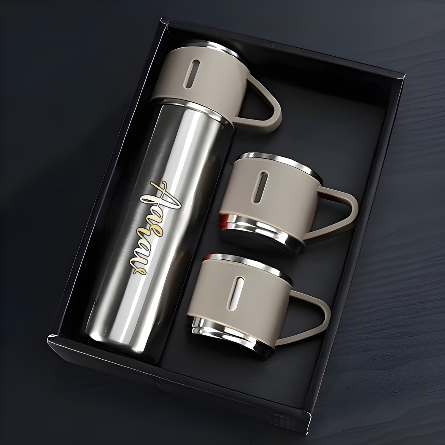 Customized Stainless Steel Vacuum Flask Set with 3 Cups – 500ML | Personalized Name Bottle Gift Combo for Boyfriend, Girlfriend, Employee