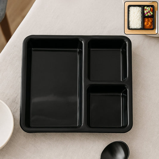 Plastic Multi-Compartment Meal Serving Tray â€“ 3-Section Rectangular Dining Plate (1 Pc / Black)