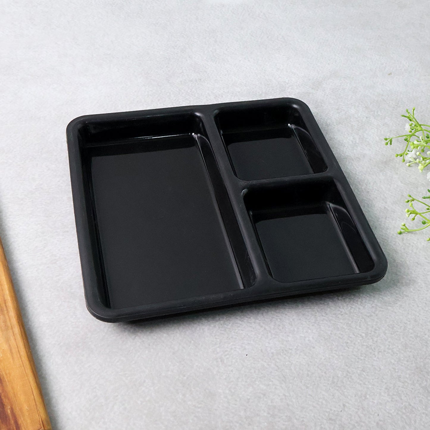 Plastic Multi-Compartment Meal Serving Tray â€“ 3-Section Rectangular Dining Plate (1 Pc / Black)