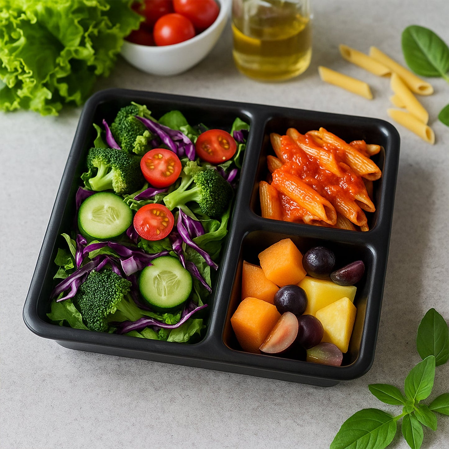 Plastic Multi-Compartment Meal Serving Tray â€“ 3-Section Rectangular Dining Plate (1 Pc / Black)