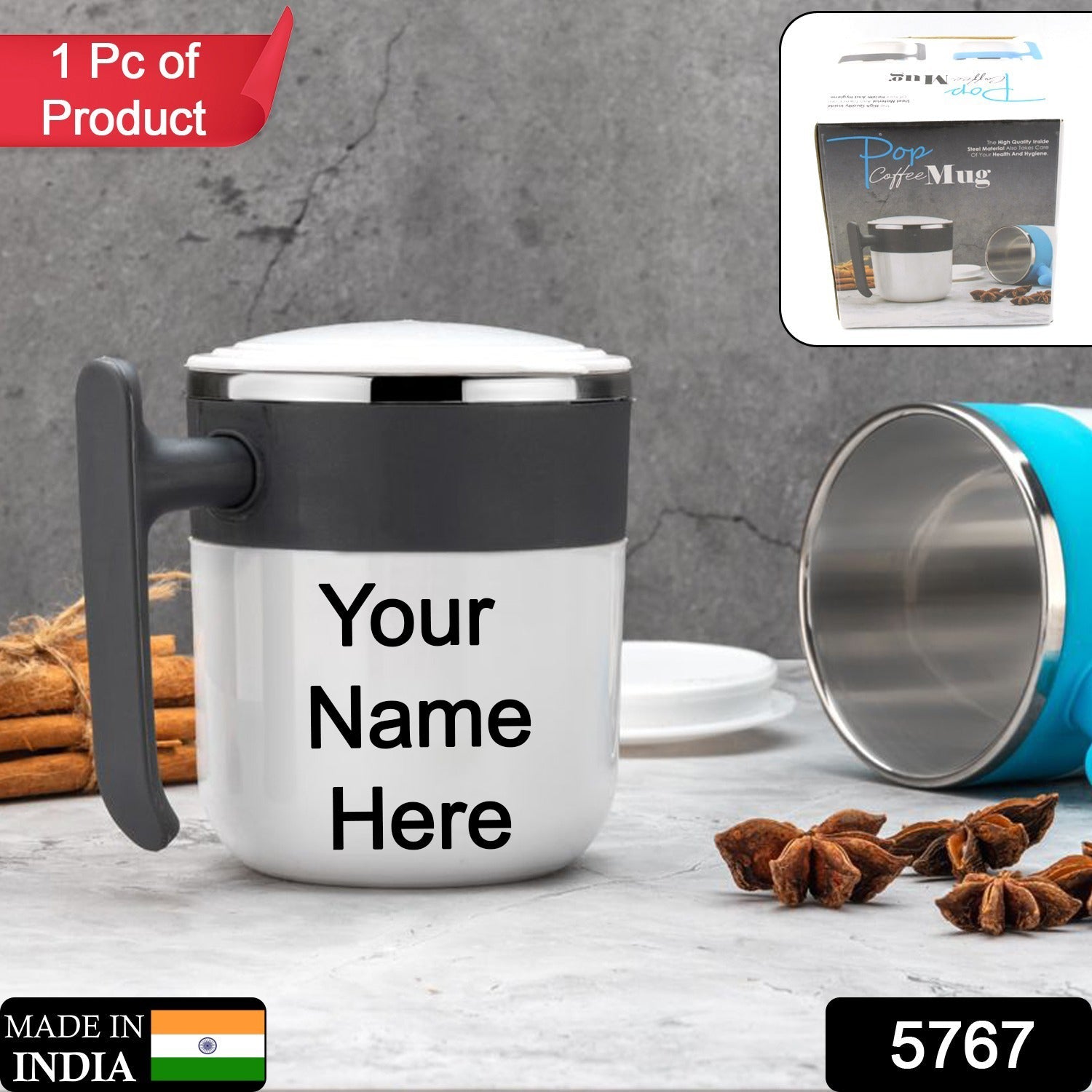 Customize Stainless Steel Insulated Coffee/Tea Mug with Lid â€“ Double Wall Hot Beverage Travel Cup, Milk Mug for Office & Home Use (1 Pc)