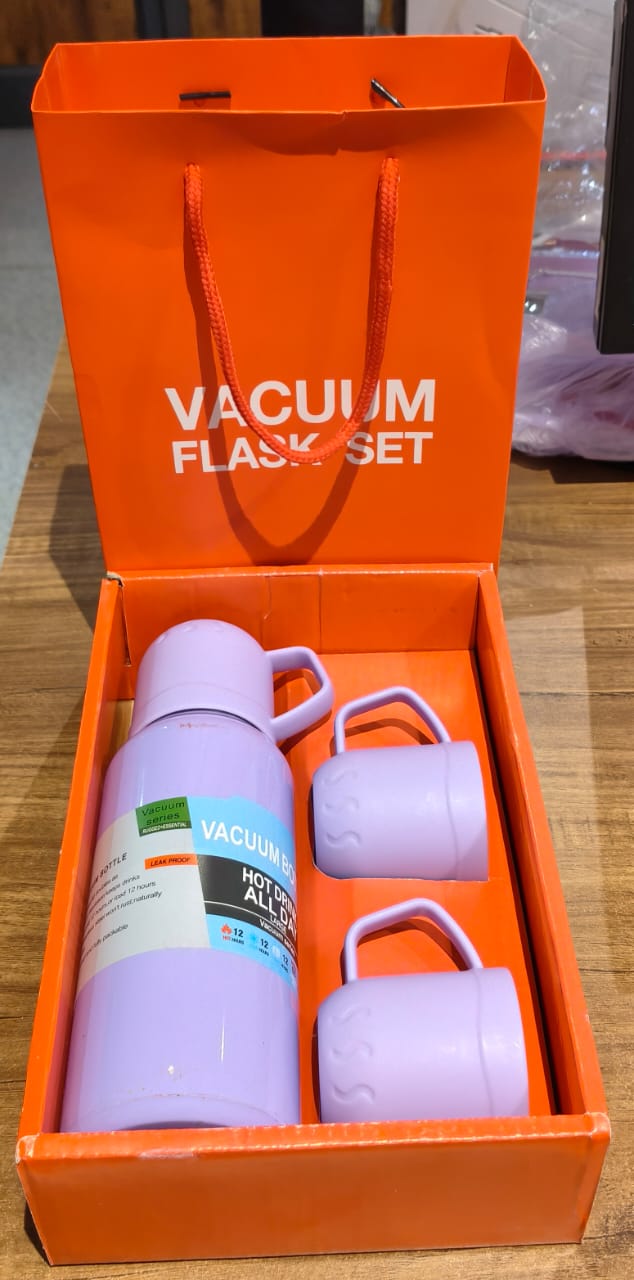 Purple Vacuum Flask Set â€“ Stainless Steel Thermos with 3 Cups, Approx 500ml