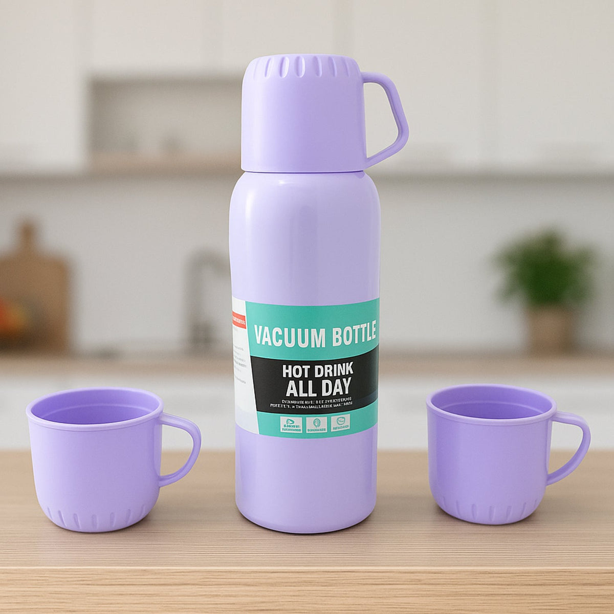 Vacuum Flask Set â€“ Stainless Steel Thermos with 3 Cups, Approx 500ml