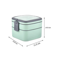 Customized GREEN DOUBLE-LAYER PORTABLE LUNCH BOX STACKABLE WITH CARRYING HANDLE AND SPOON LUNCH BOX , Bento Lunch Box