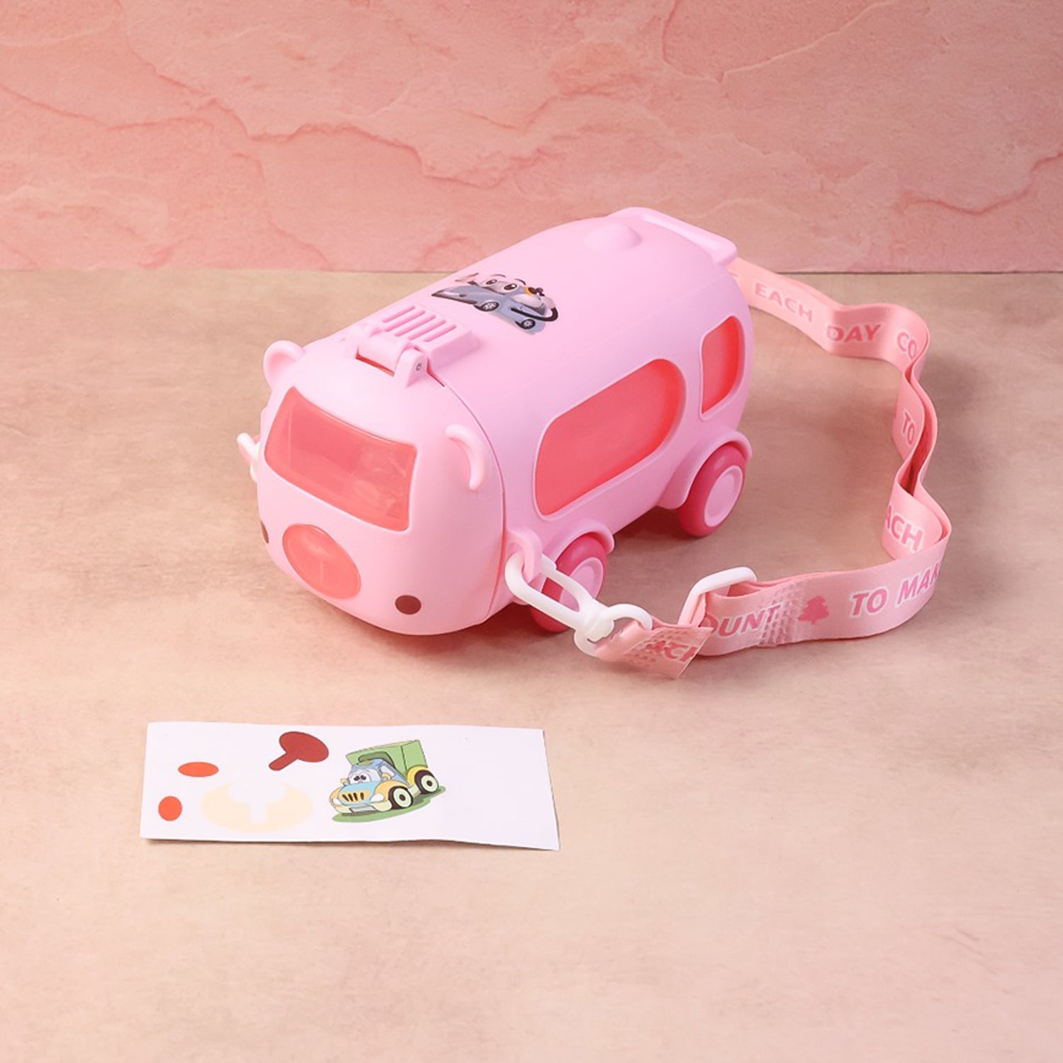 Bus Shaped Kids Water Bottle with Strap â€“ 500ml Cute Cartoon Design With Sticker