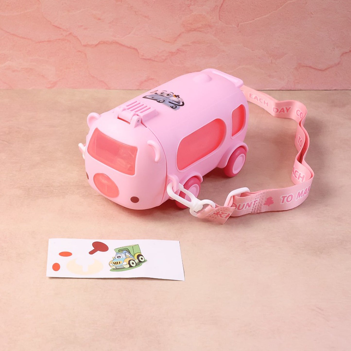 Bus Shaped Kids Water Bottle with Strap â€“ 500ml Cute Cartoon Design With Sticker