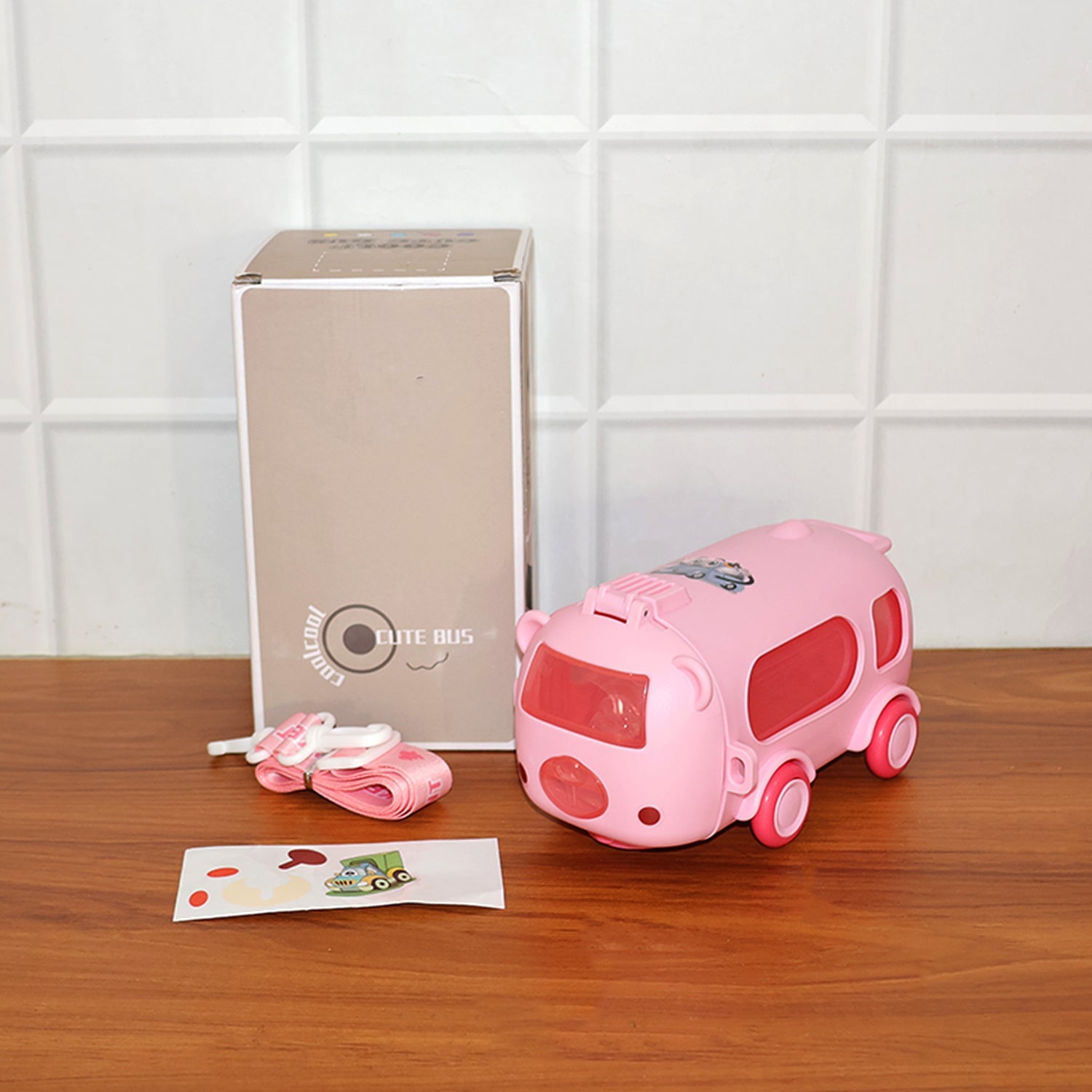 Bus Shaped Kids Water Bottle with Strap â€“ 500ml Cute Cartoon Design With Sticker