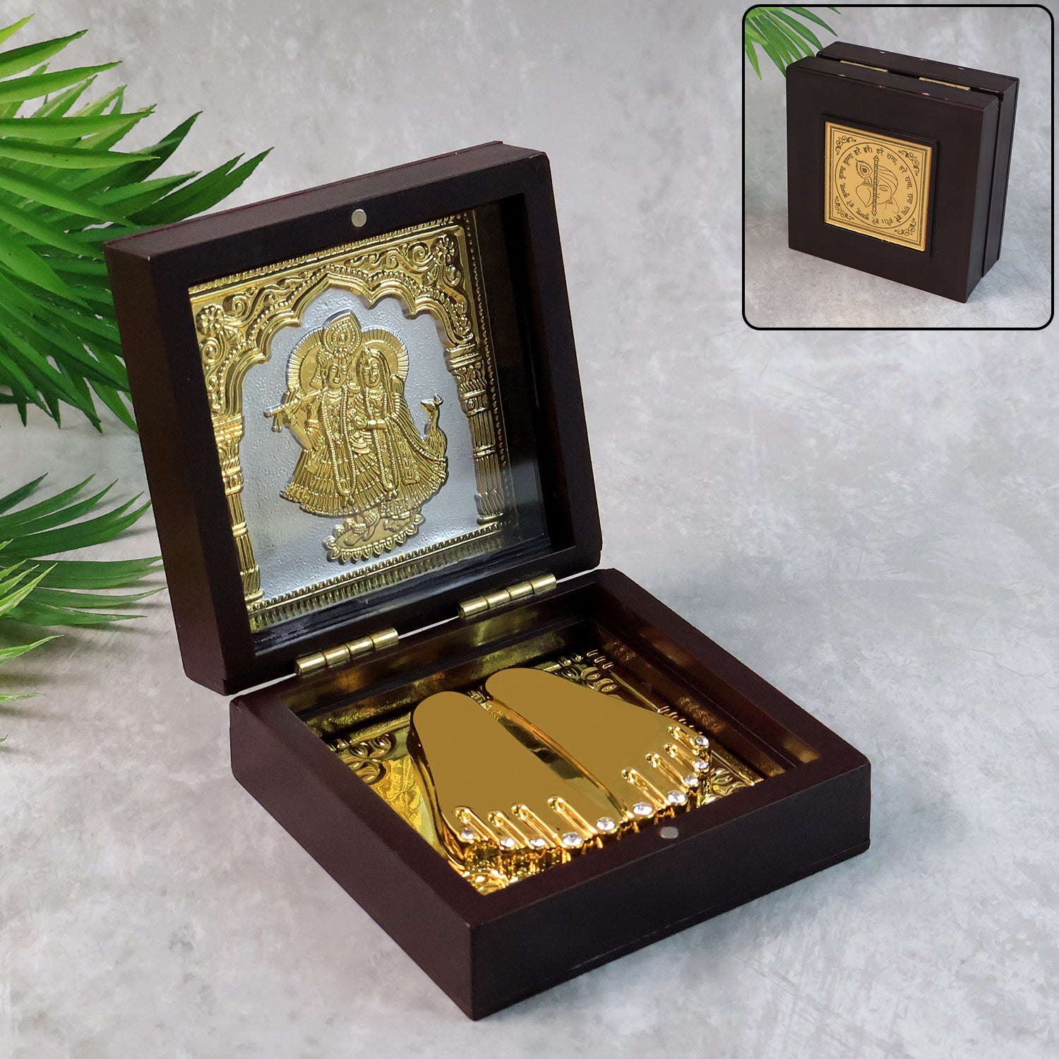 Golden Charan Paduka in Wooden Box â€“ Spiritual Gift & Pooja Accessory