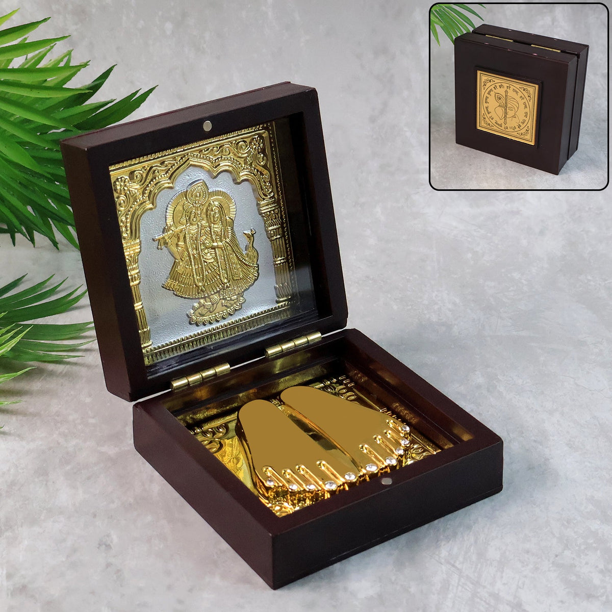 Golden Charan Paduka in Wooden Box â€“ Spiritual Gift & Pooja Accessory
