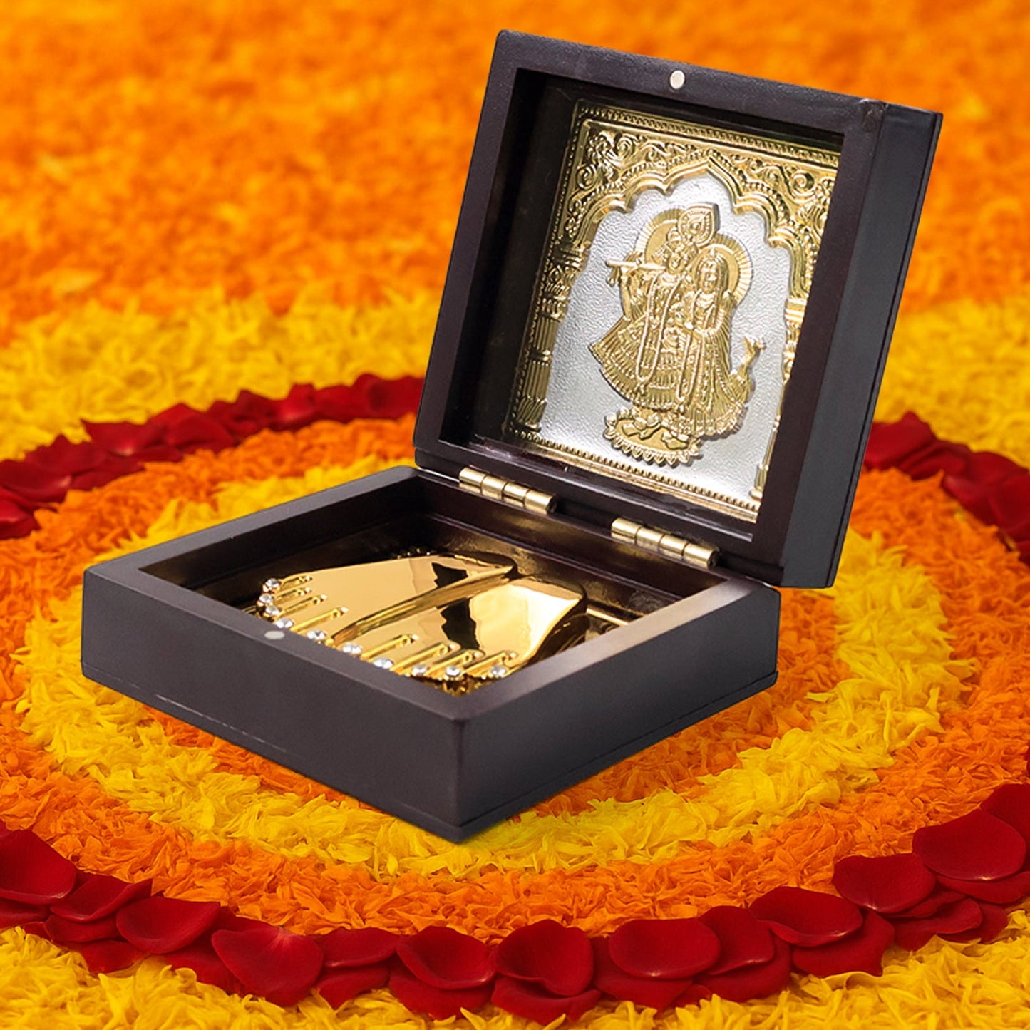 Golden Charan Paduka in Wooden Box â€“ Spiritual Gift & Pooja Accessory