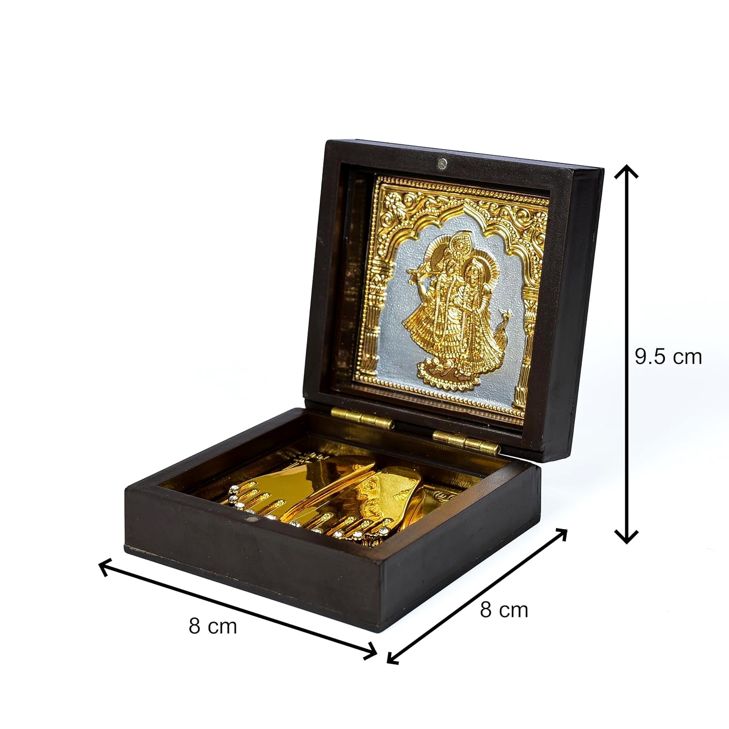 Golden Charan Paduka in Wooden Box â€“ Spiritual Gift & Pooja Accessory