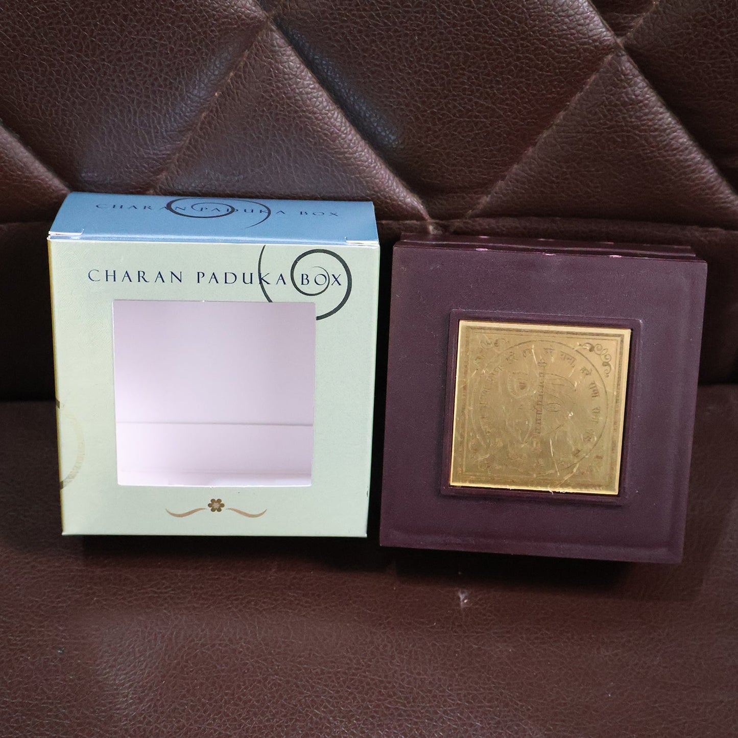 Golden Charan Paduka in Wooden Box â€“ Spiritual Gift & Pooja Accessory