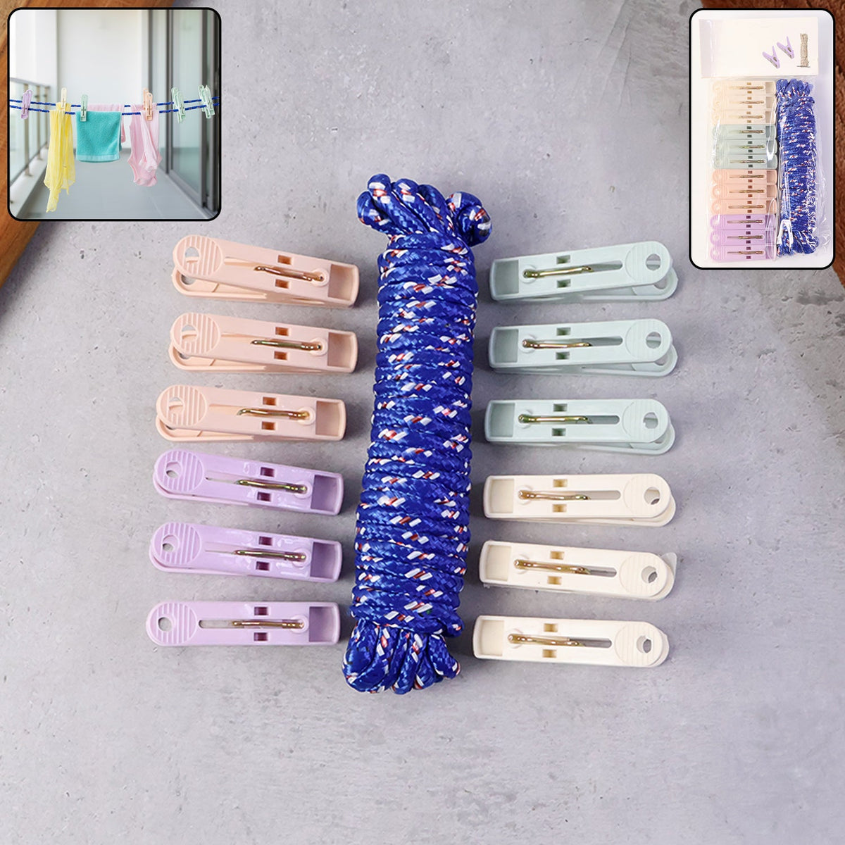 Clothesline rope with clips