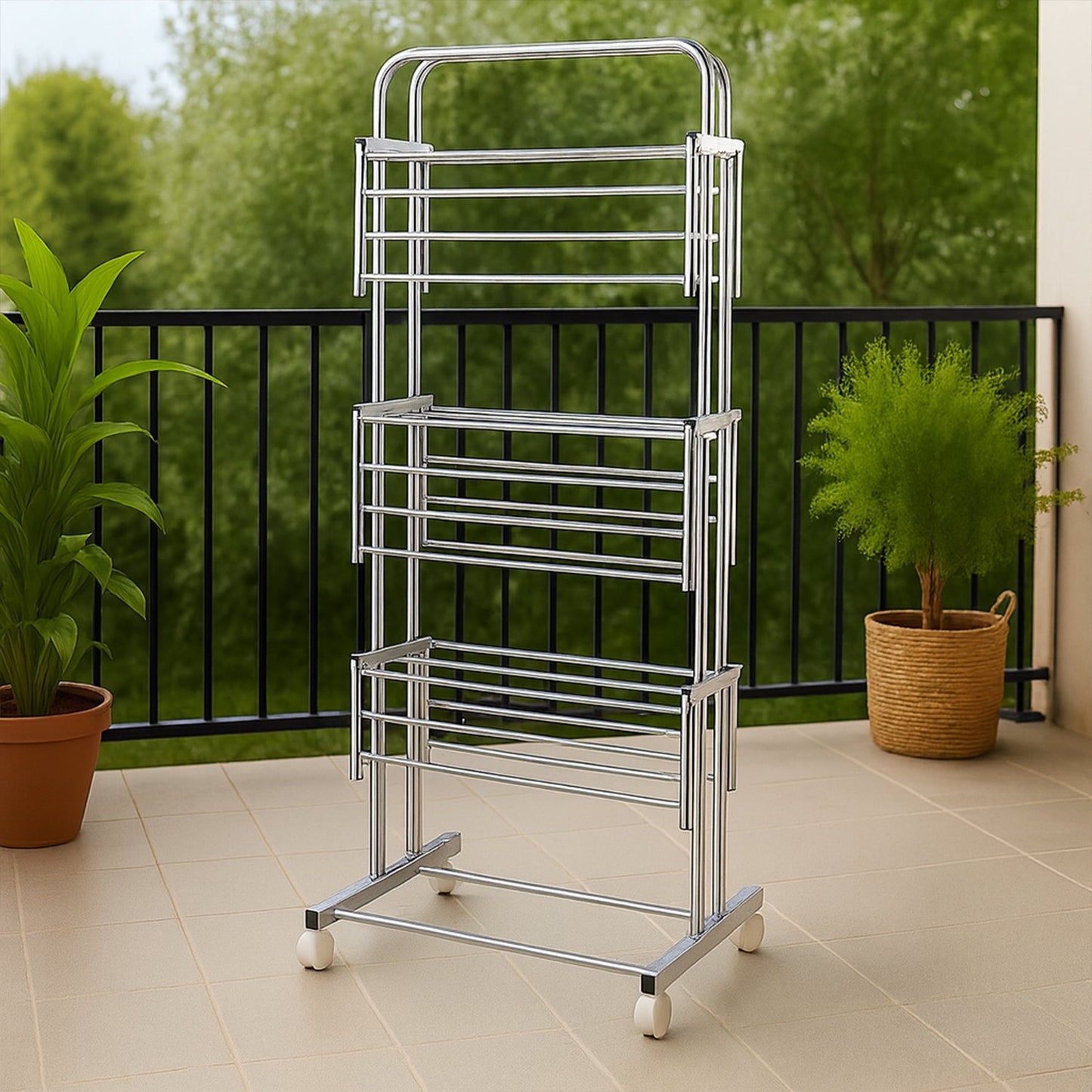 3 Layer Foldable Stainless Steel Cloth Drying Stand with Wheels