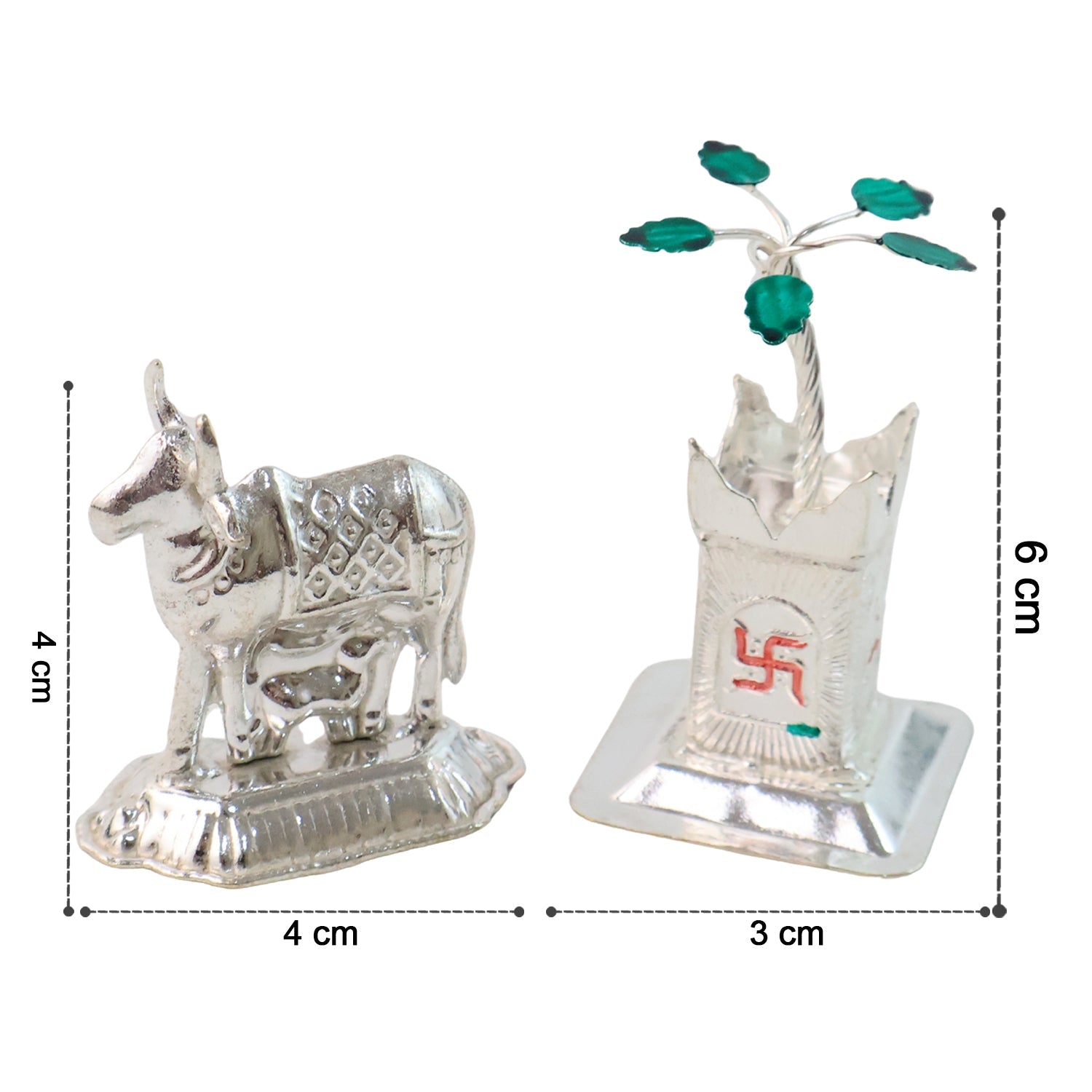 Silver-Plated Kamdhenu Cow & Tulsi Plant Pair â€“ Pooja & Home DÃ©cor
