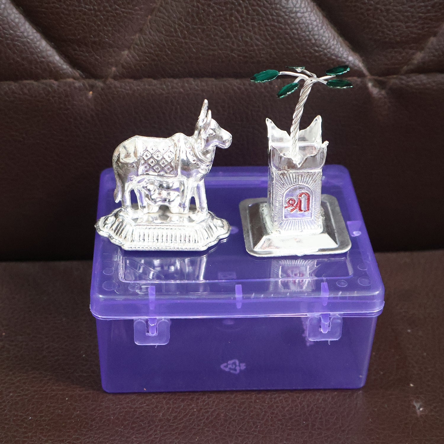 Silver-Plated Kamdhenu Cow & Tulsi Plant Pair â€“ Pooja & Home DÃ©cor