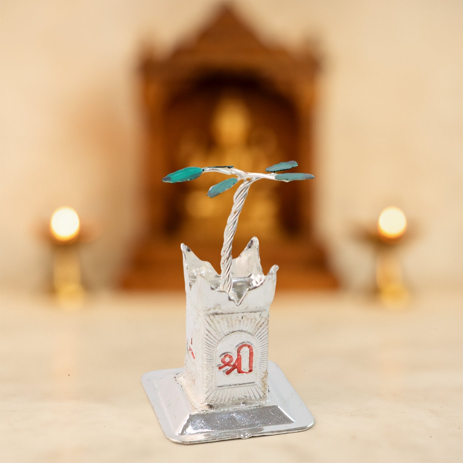 Silver-Plated Kamdhenu Cow & Tulsi Plant Pair â€“ Pooja & Home DÃ©cor