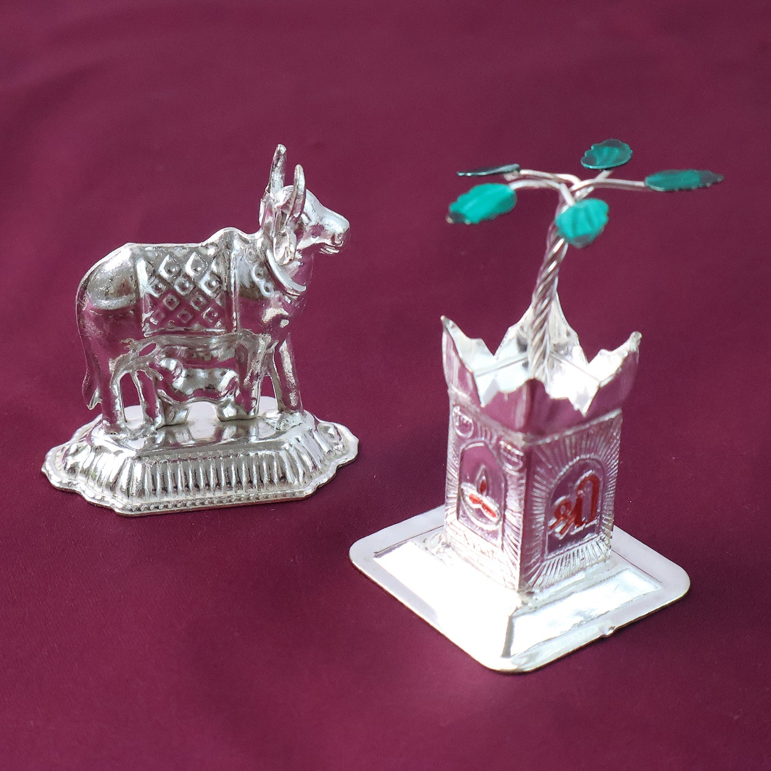 Silver-Plated Kamdhenu Cow & Tulsi Plant Pair â€“ Pooja & Home DÃ©cor