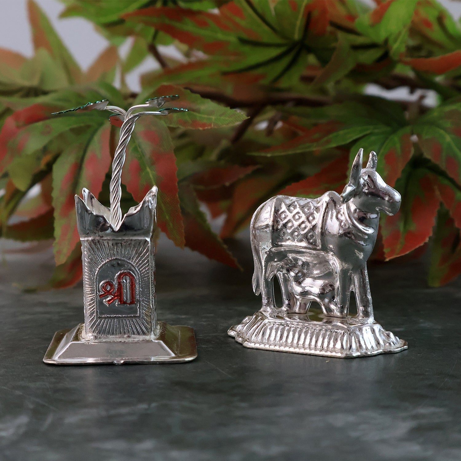 Silver-Plated Kamdhenu Cow & Tulsi Plant Pair â€“ Pooja & Home DÃ©cor