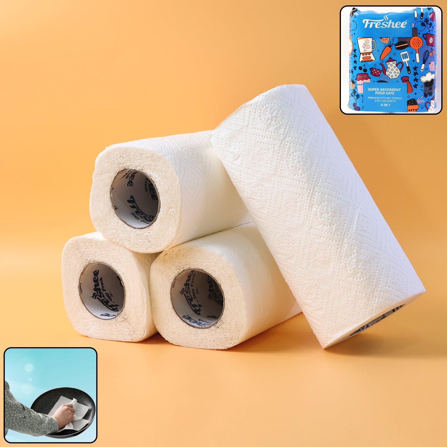 Freshee Super-Absorbent Kitchen Roll 4-in-1 Paper Towels (4 Rolls Ã— 60 Sheets = 240 Sheets)