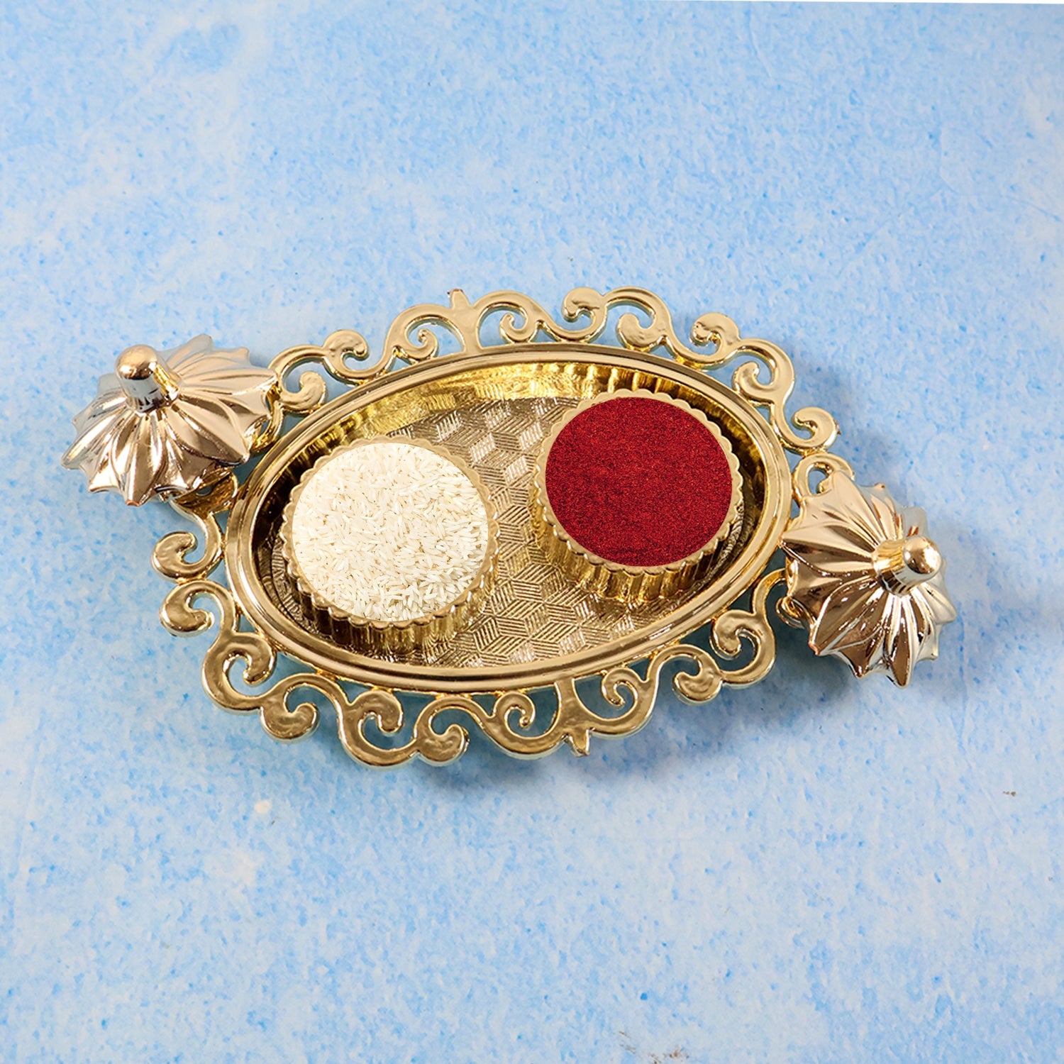 Decorative Double Kumkum Dish with Ornate Tray (1 Pc)