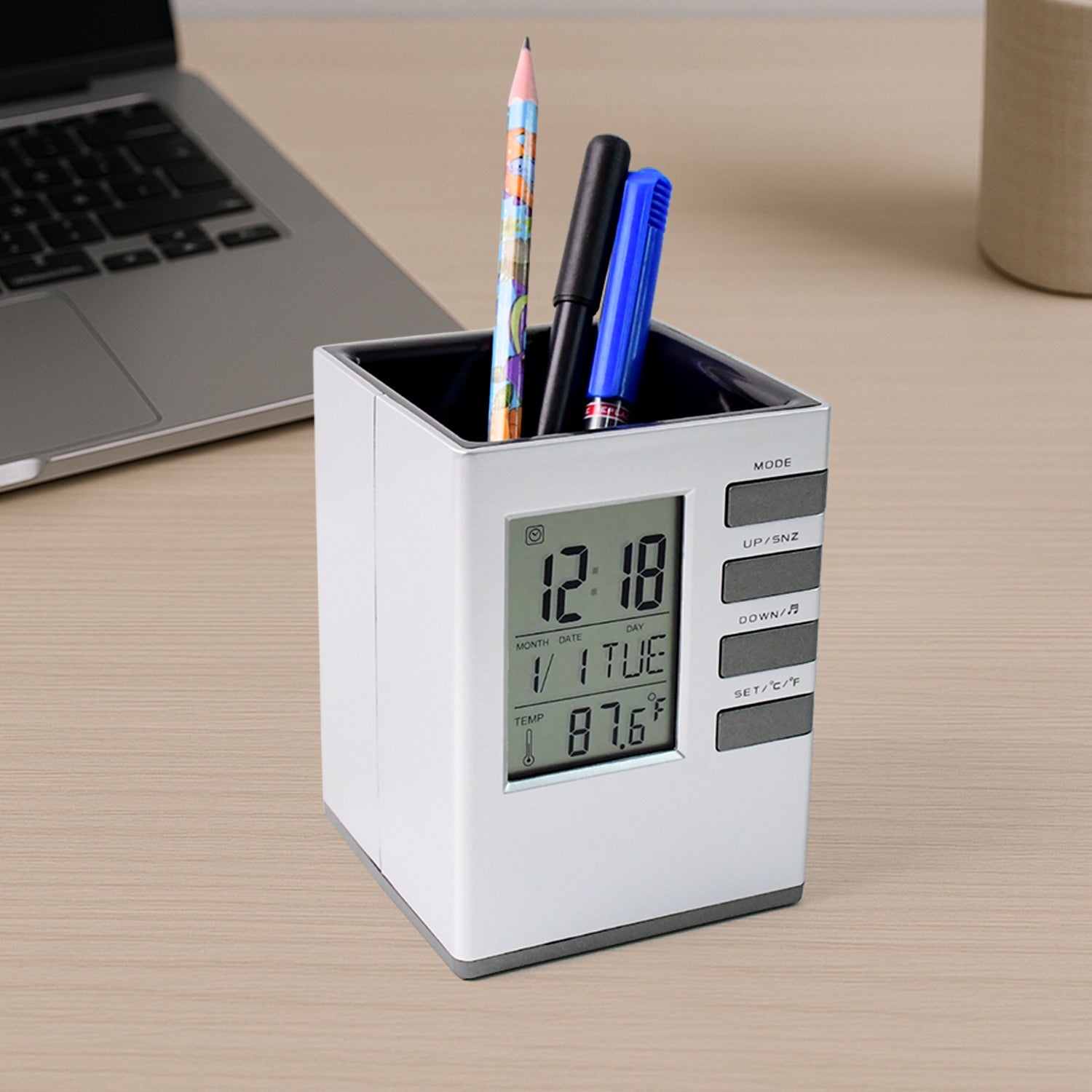 Multifunction Cube Digital Desk Clock with Pen Holder (1 Pc)