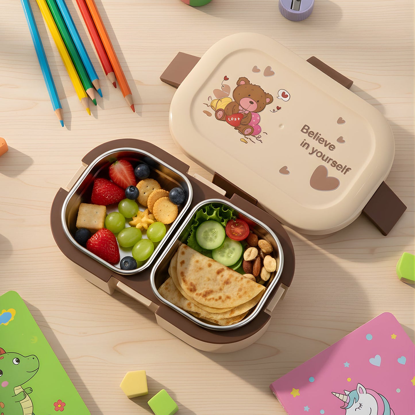Cute Teddy Printed Kids Lunch Box (500Ml / 1 Pc)