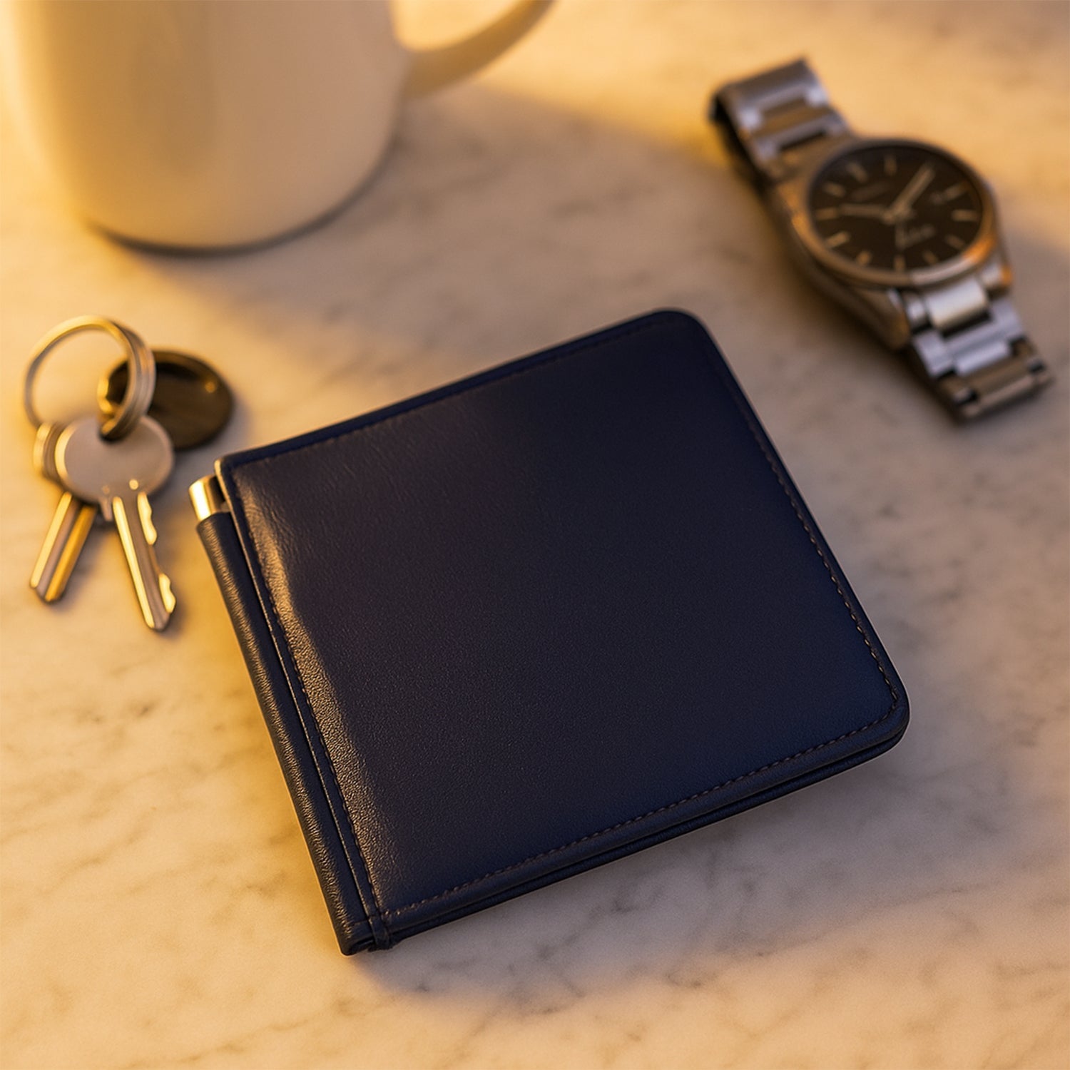 Bi-fold menâ€™s wallet presented in luxury gift box