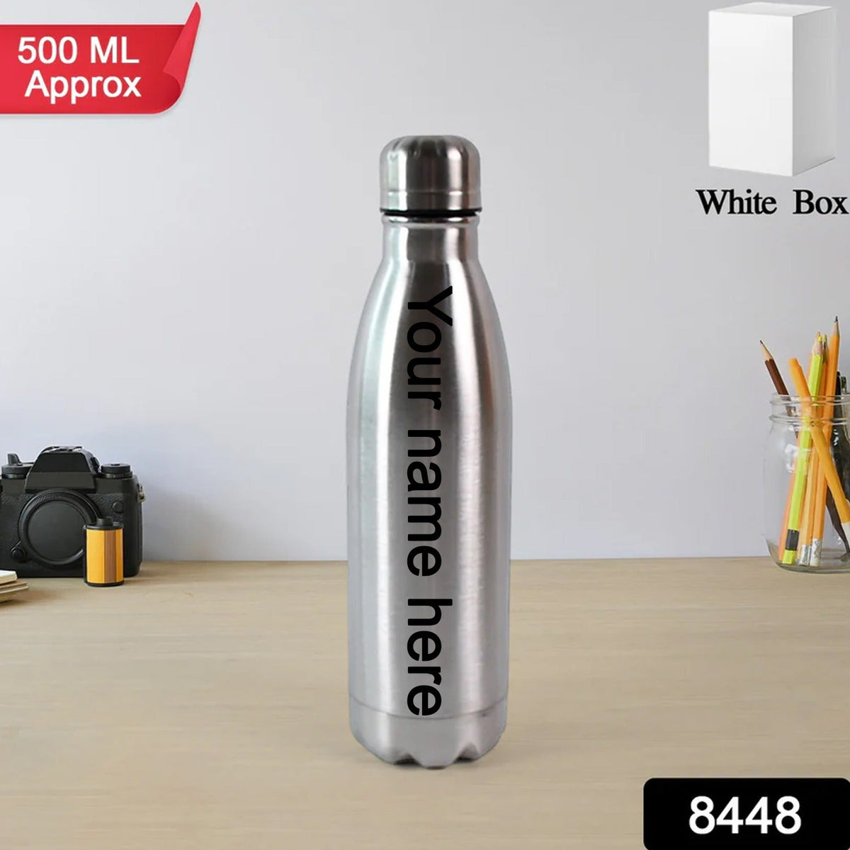 Customize Silver Stainless Steel Water Bottle Approx 500 ML (1 Pc)