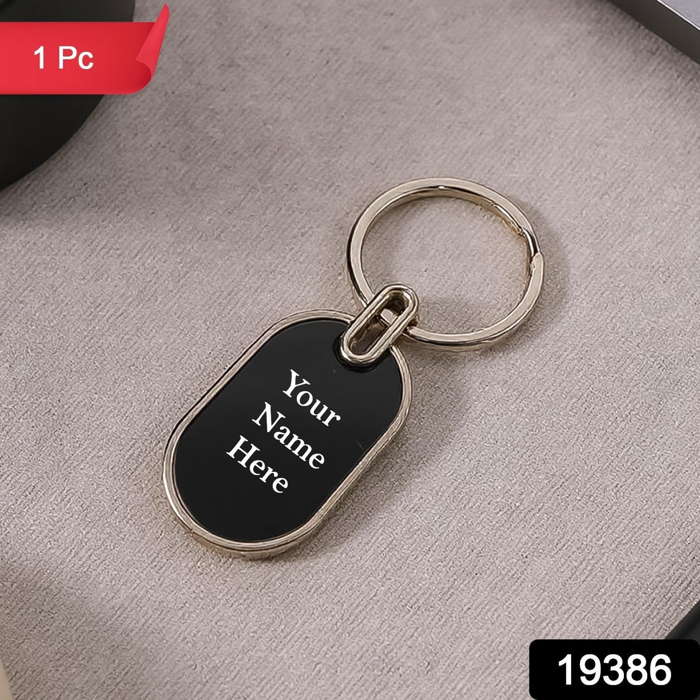 Customized / Personalized Elegant Black & Silver Oval Metal Keychain (1 Pc)