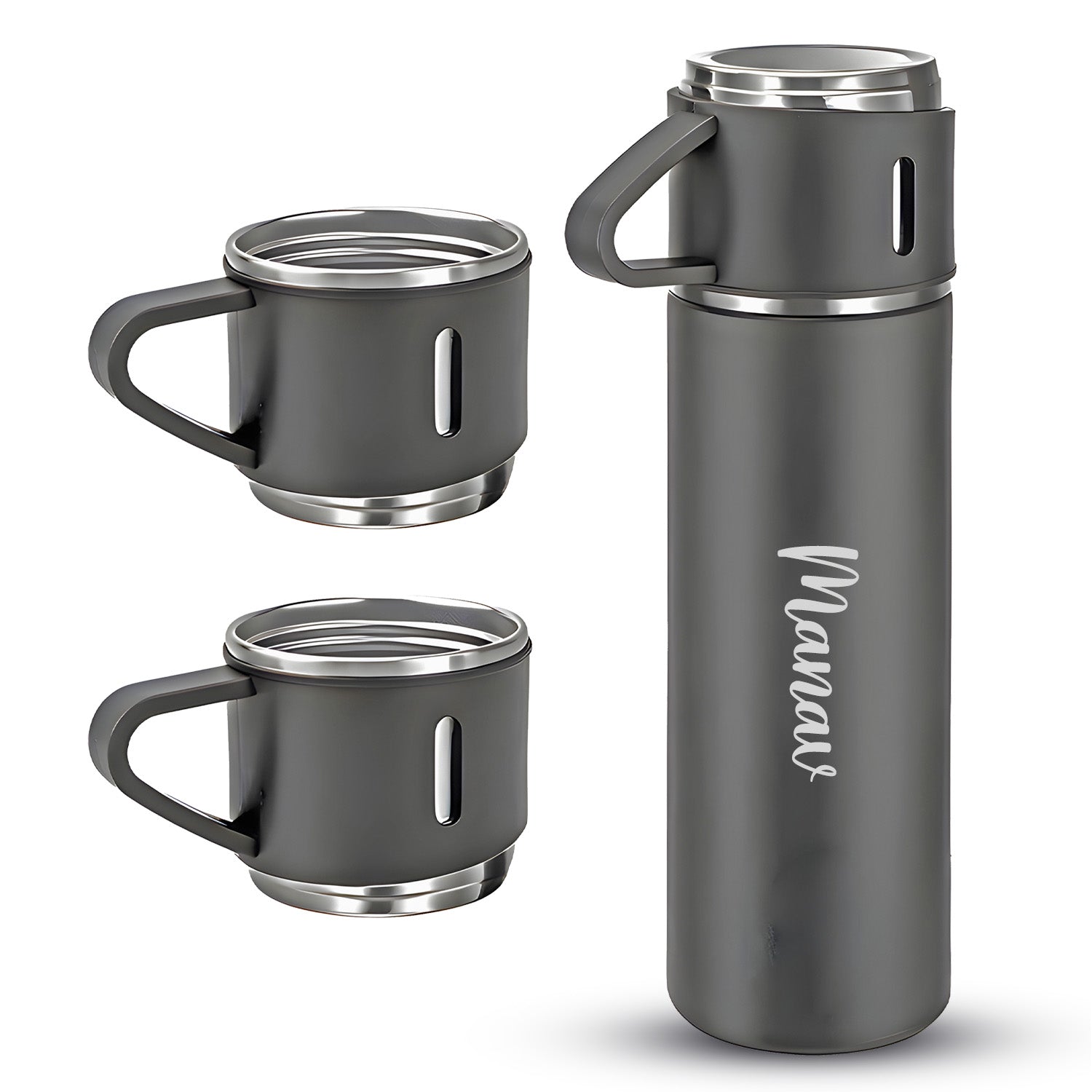 Customized Stainless Steel Vacuum Flask Set with 3 Cups – 500ML | Personalized Name Bottle Gift Combo for Boyfriend, Girlfriend, Employee