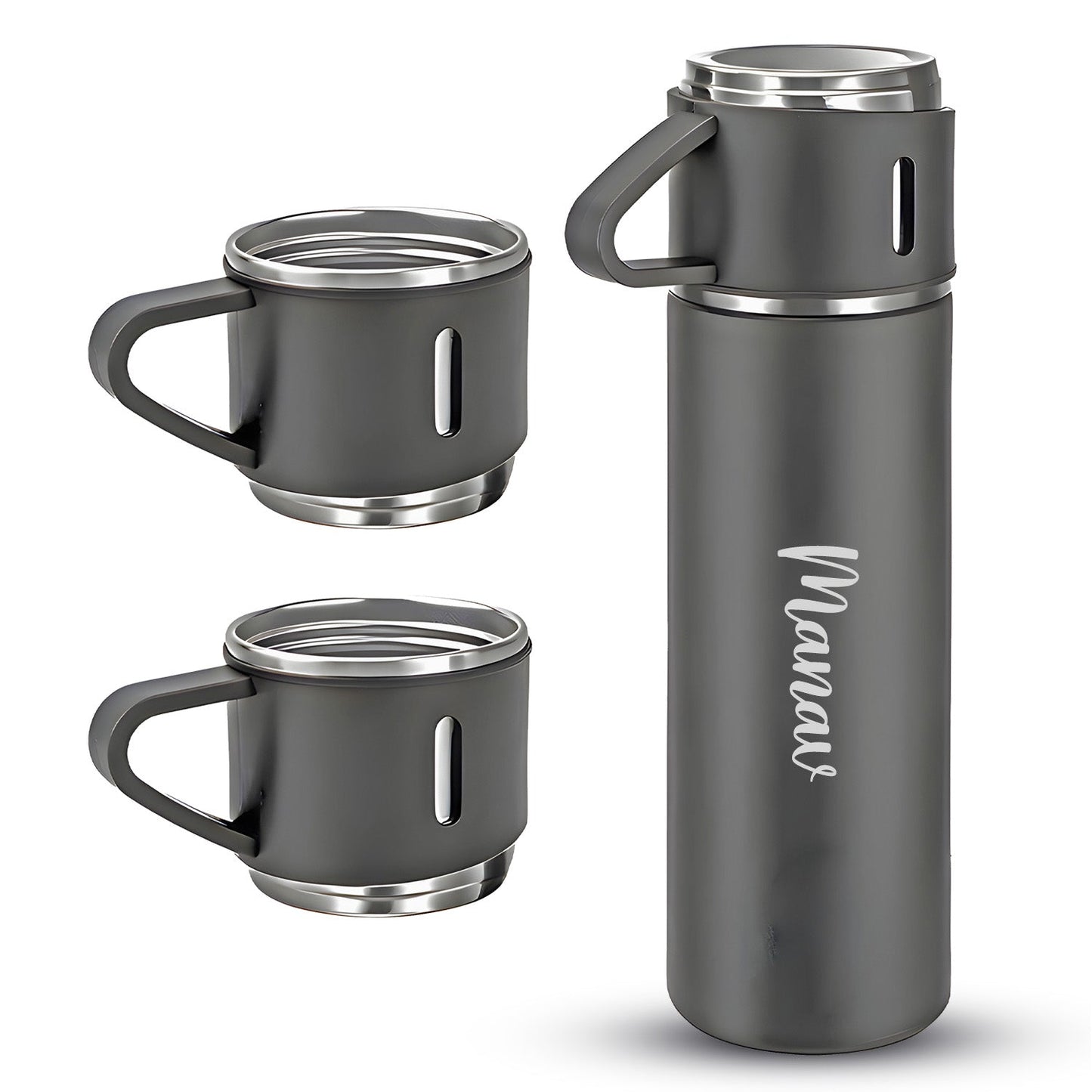 Customized Stainless Steel Vacuum Flask Set with 3 Cups – 500ML | Personalized Name Bottle Gift Combo for Boyfriend, Girlfriend, Employee