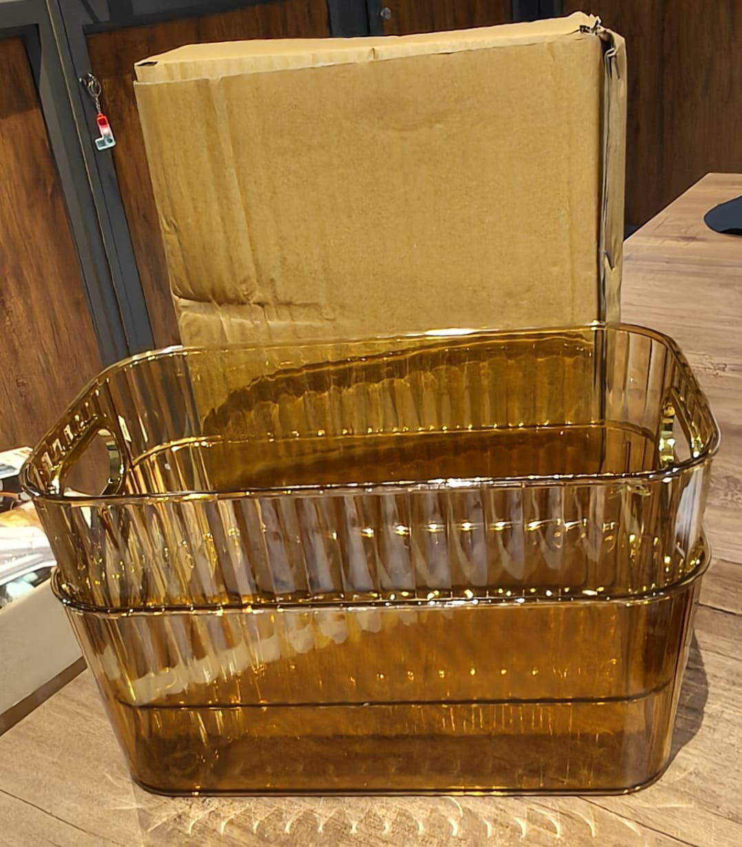 Premium Ribbed Transparent Storage Basket with Gold Handle â€“ Multipurpose Kitchen &amp; Home Organizer Box (25x14cm / 2 Pc)