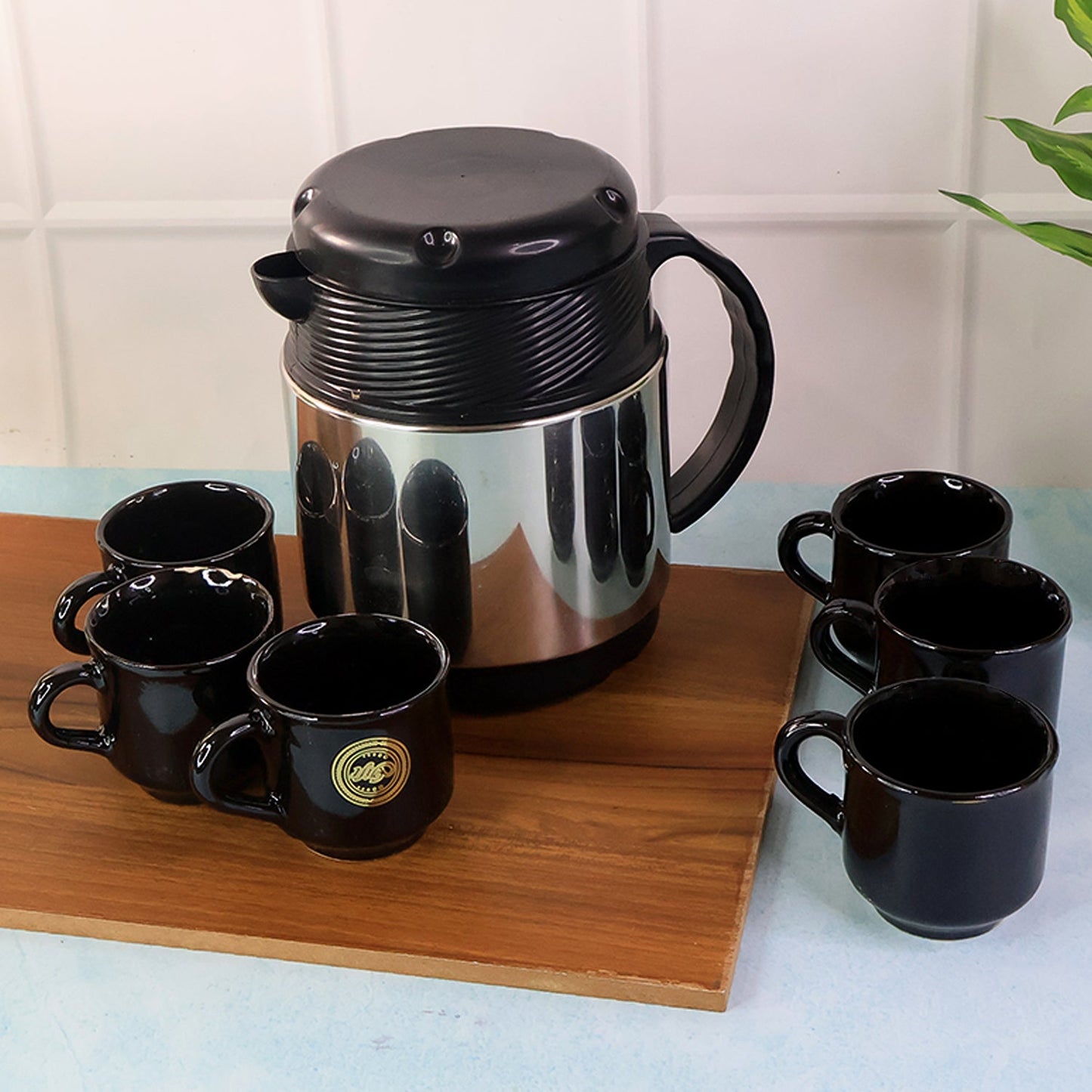 Tea and Coffee Thermos Flask and 6 Ceramic Cups (1 Set)