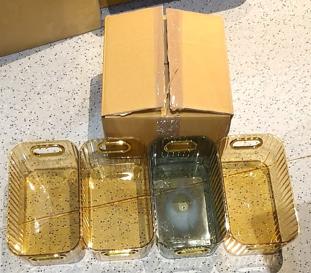 Premium Ribbed Transparent Storage Basket with Gold Handle â€“ Multipurpose Kitchen &amp; Home Organizer Box (25x14cm / 4 Pc)