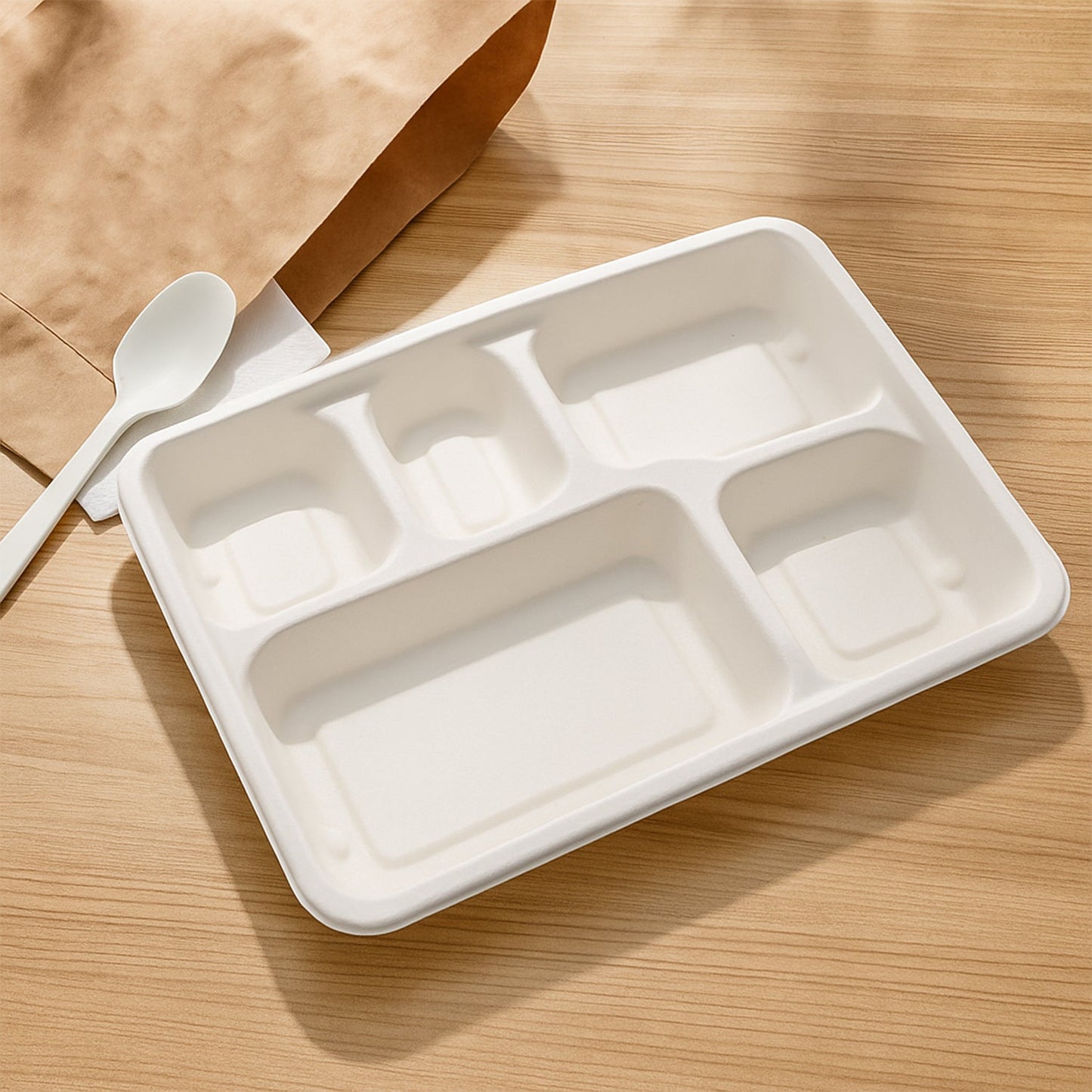 5-Compartment Rectangle Lunch Compostable Bagasse Plate â€“ 10 Pcs Pack