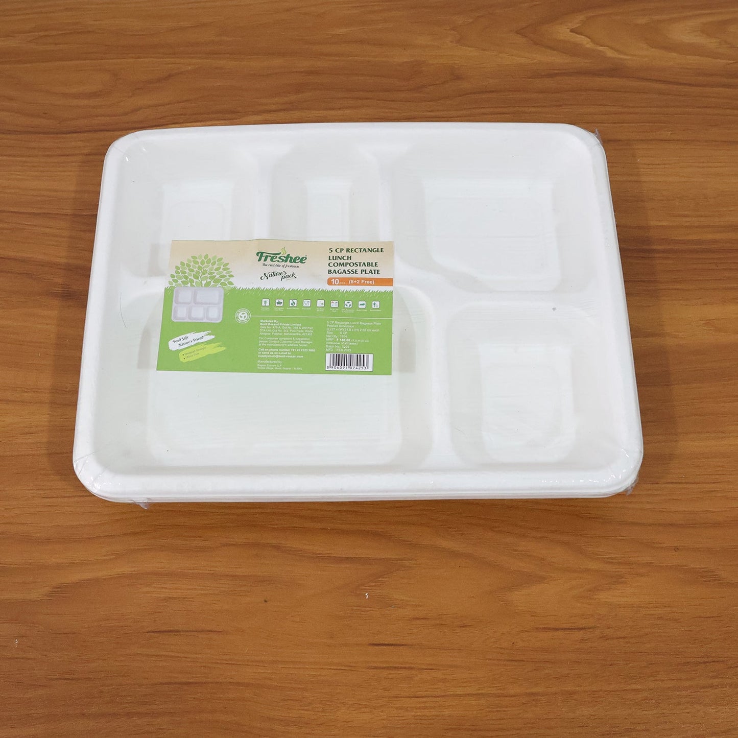 5-Compartment Rectangle Lunch Compostable Bagasse Plate â€“ 10 Pcs Pack