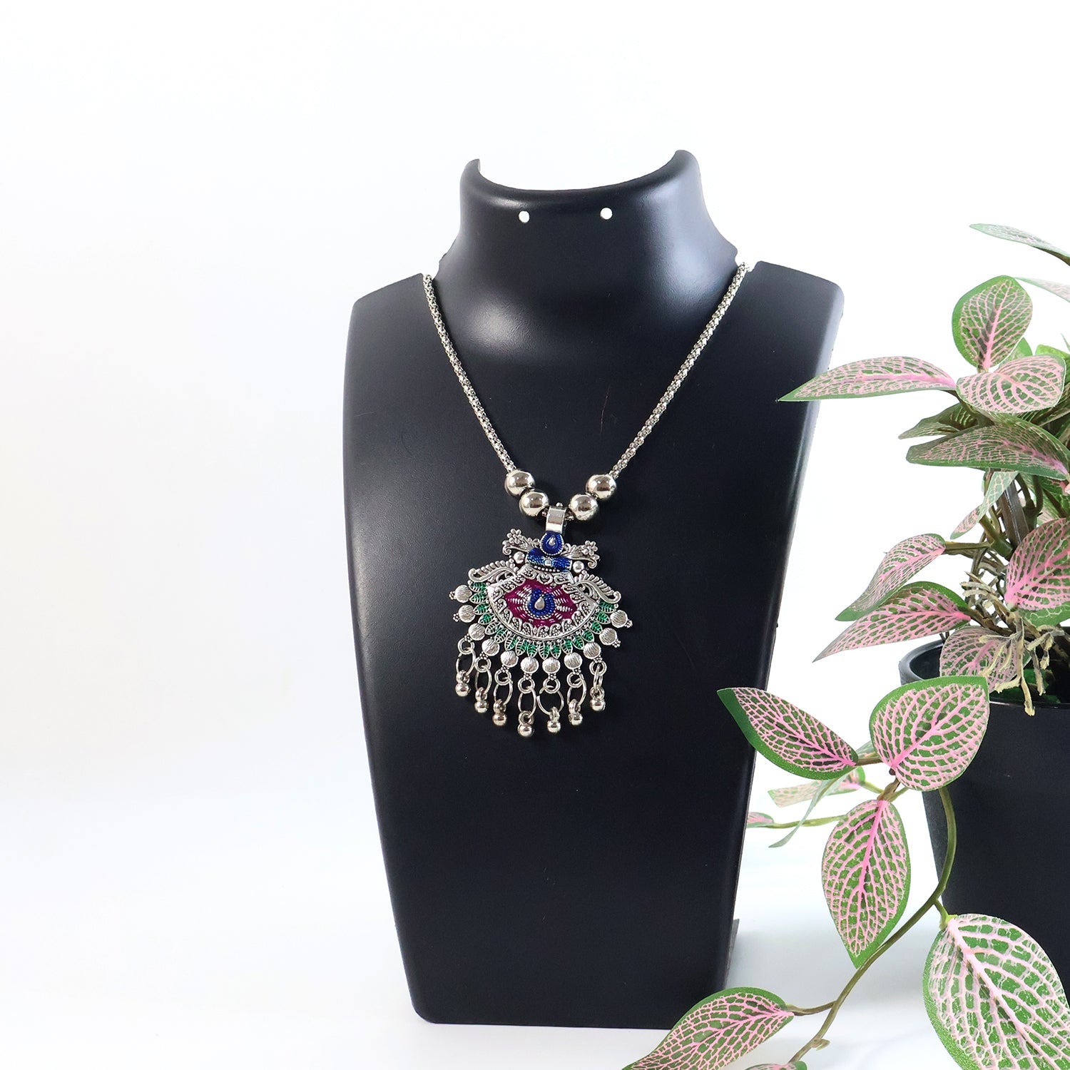 Elegant Traditional Oxidised Temple Motif Long Necklace (1 Pc)