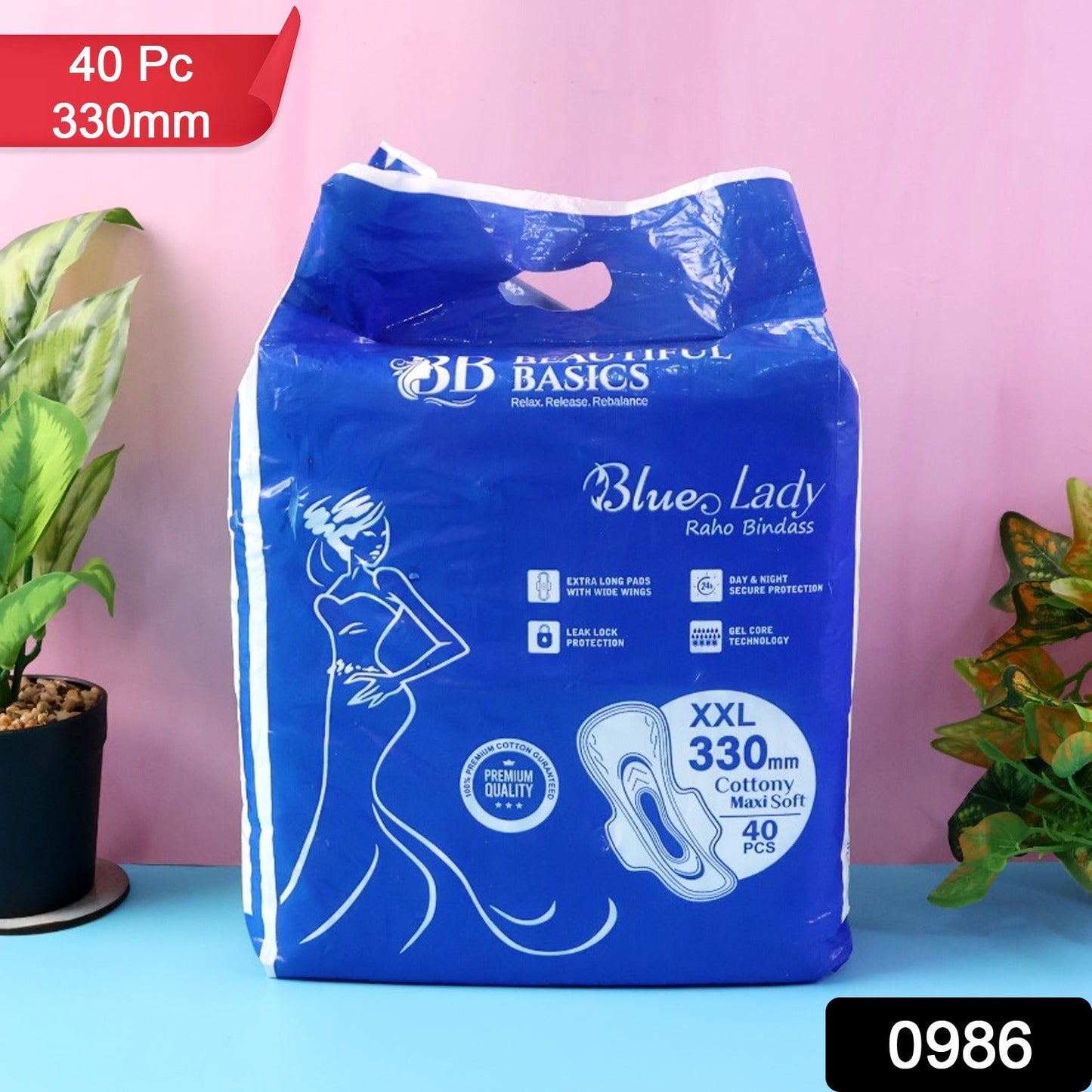 Beautiful Basics Blue Lady Extra Long Pads With Wides Wings Sanitary Pads â€“ 330 mm, 40-Pack