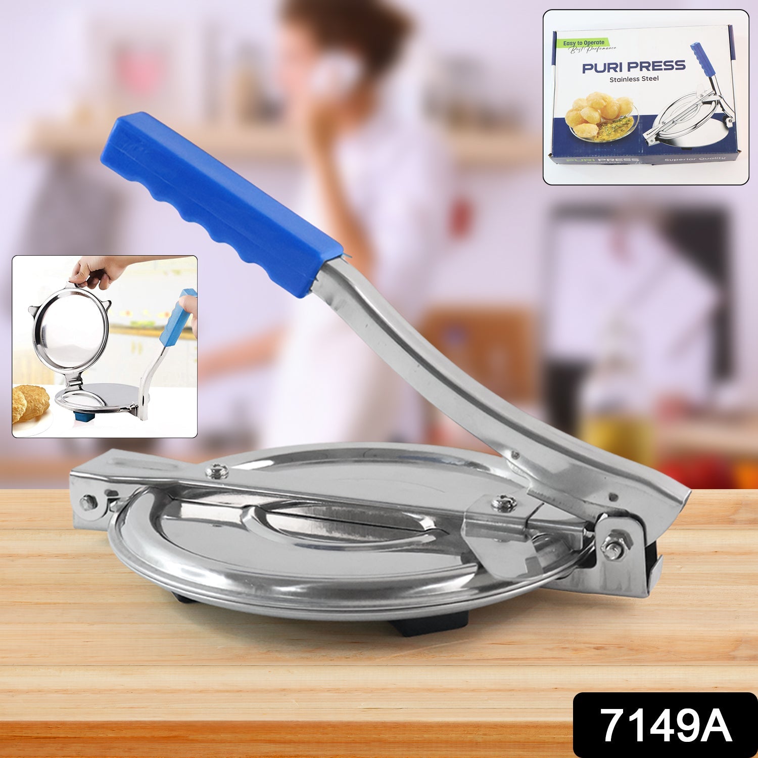 PURI PRESS MAKER - STAINLESS STEEL PURI MAKER PRESS MACHINE - ROTI CHAPATI PRESSER FOR HOME -KHAKHRA- PURI MAKER PRESS MACHINE WITH HANDLE, MANUAL PURI MAKER (MEDIUM)